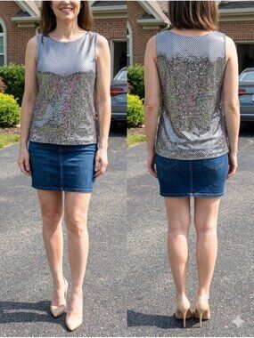 Notations Vintage 90s Metallic Sequin Tank Top XL Silver Sparkle Party Blouse
